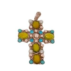 Estate Blue Green Rhinestone Silver Tone Cross Pendant Large Boho ChicStatement